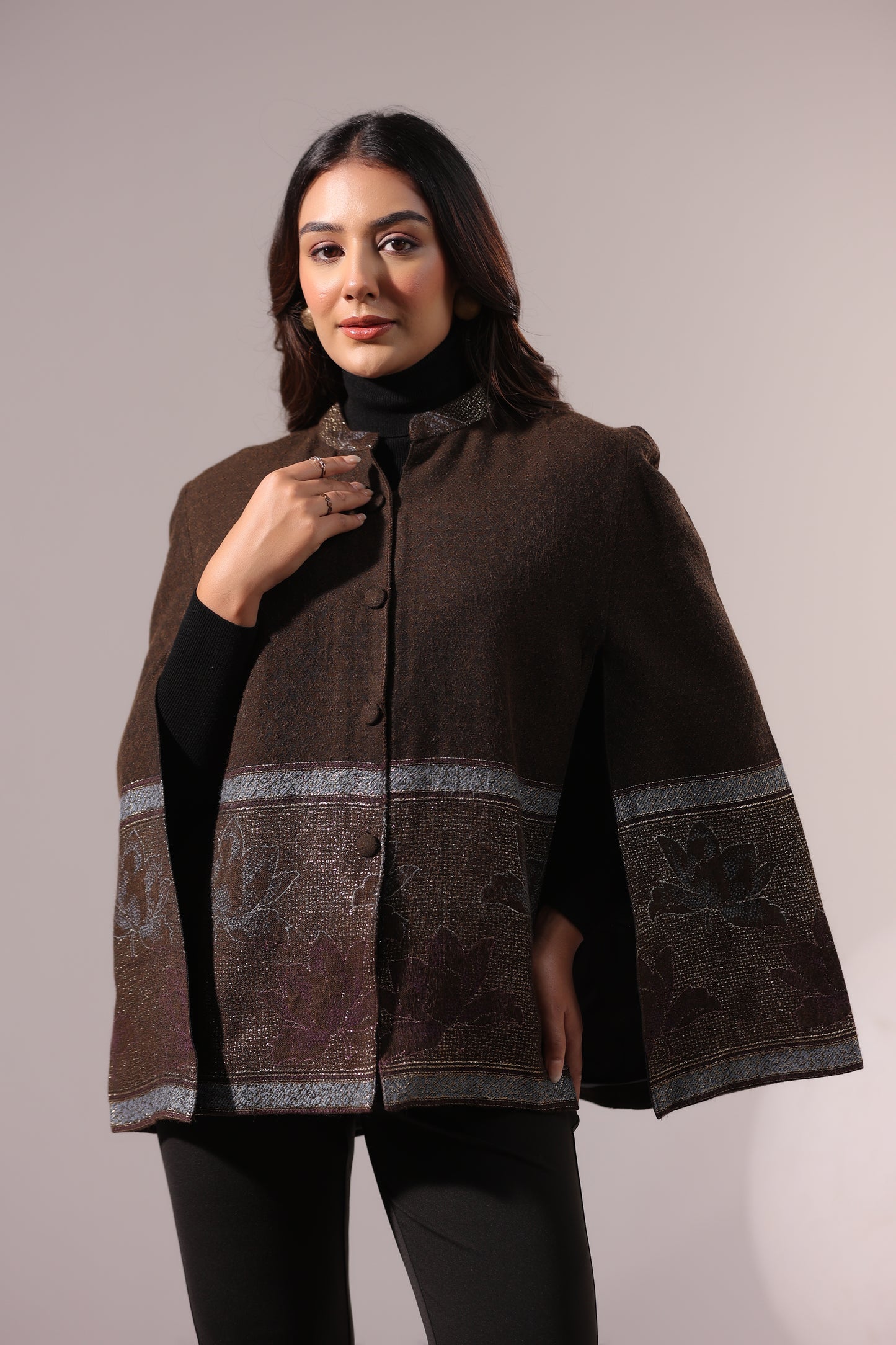 Women's Woven Cape Jacket with Zari Lotus Border | Brown