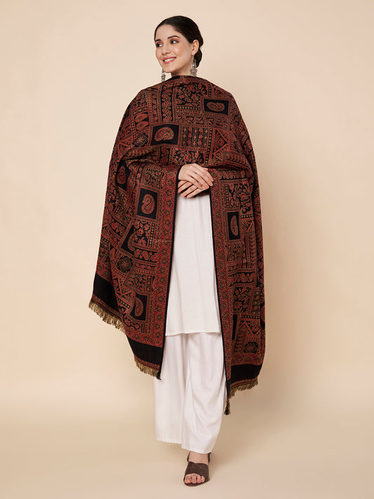 Woolen Kani Shawl with Intricate Kashmiri Paisley & Geometric Woven Patterns | Black