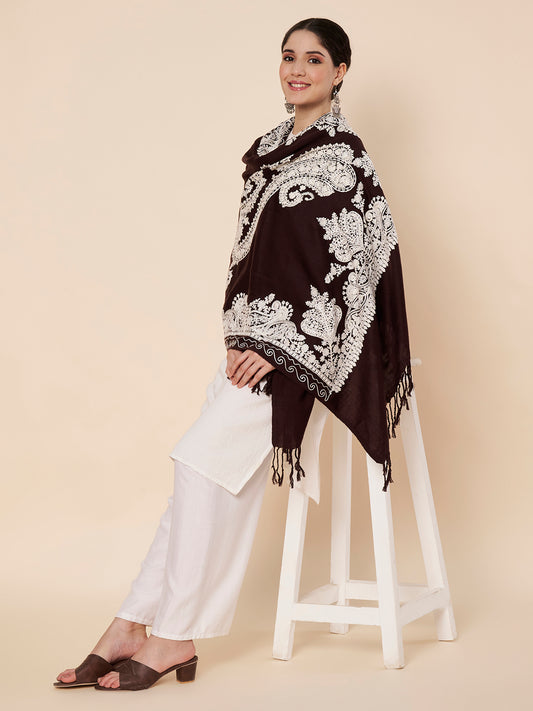 Floral Kashmiri Embroidery Warm Stole with Fringed Border | Coffee Brown