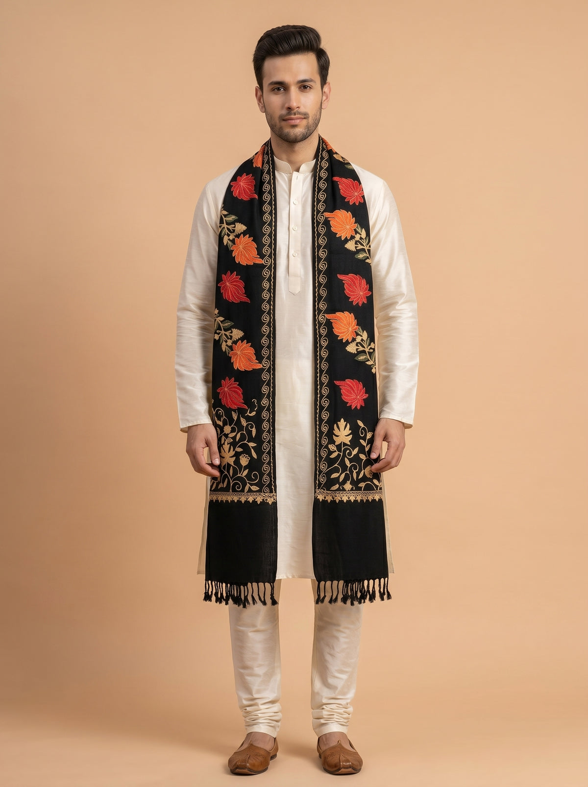 Kashmiri Aari Embroidery Woollen Stole for Men | Black - view 2