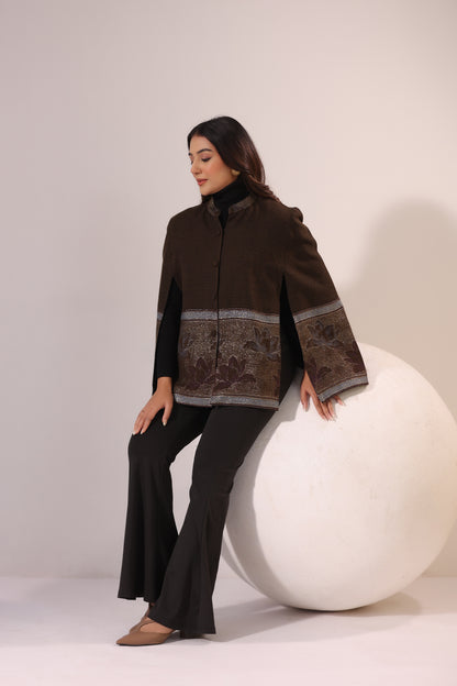 Women's Woven Cape Jacket with Zari Lotus Border | Brown