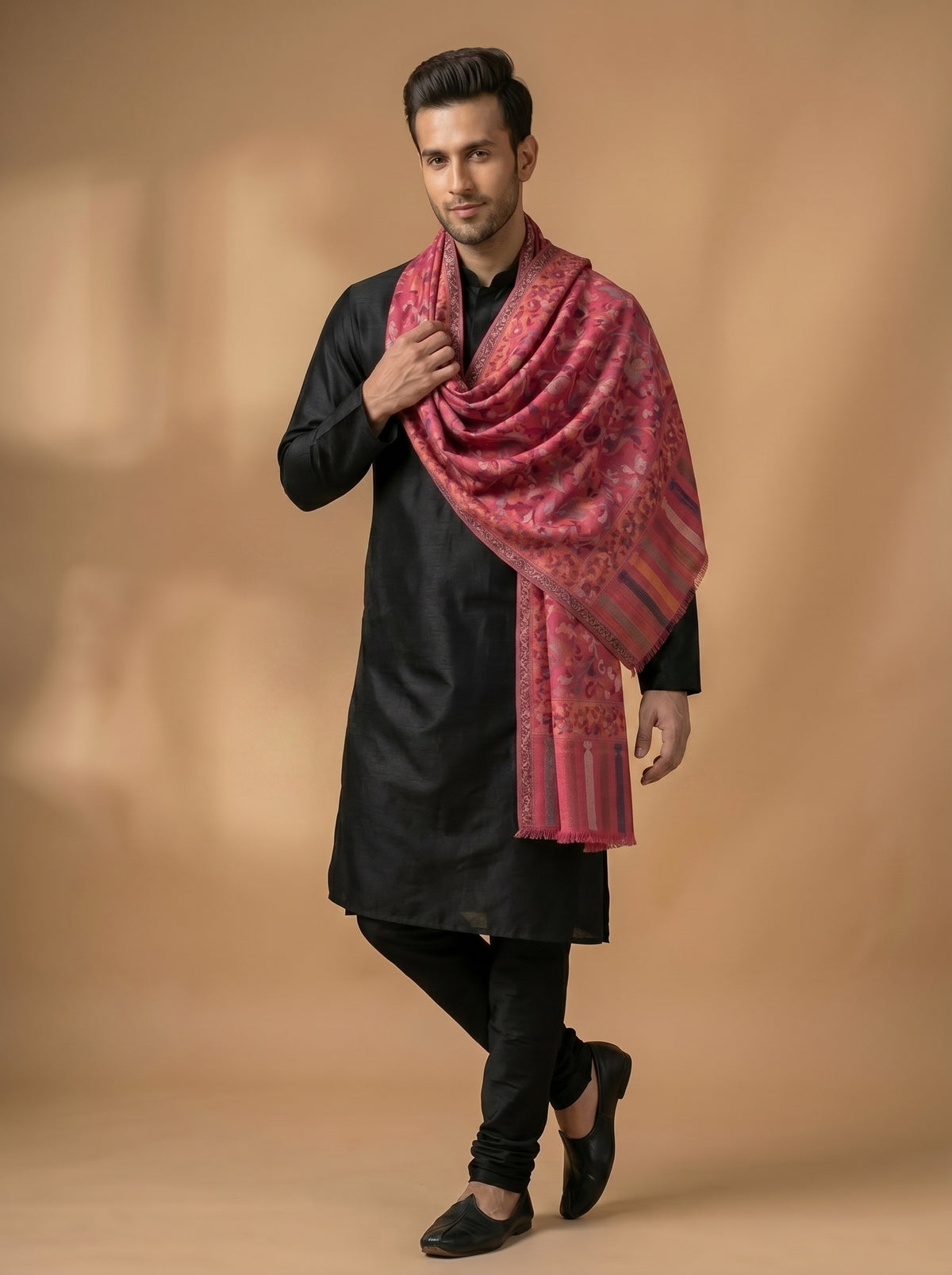 Kani Woven Shawl for Men in Paisley Design Weaving | Magenta - view 4
