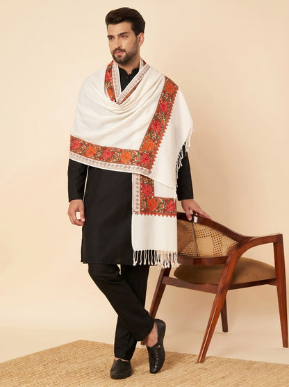 Kashmiri Aari Embroidery Woollen Stole for Men | White - view 4