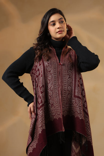 Women's Sleeveless Zari Pattern Shrug Cardigan | Wine