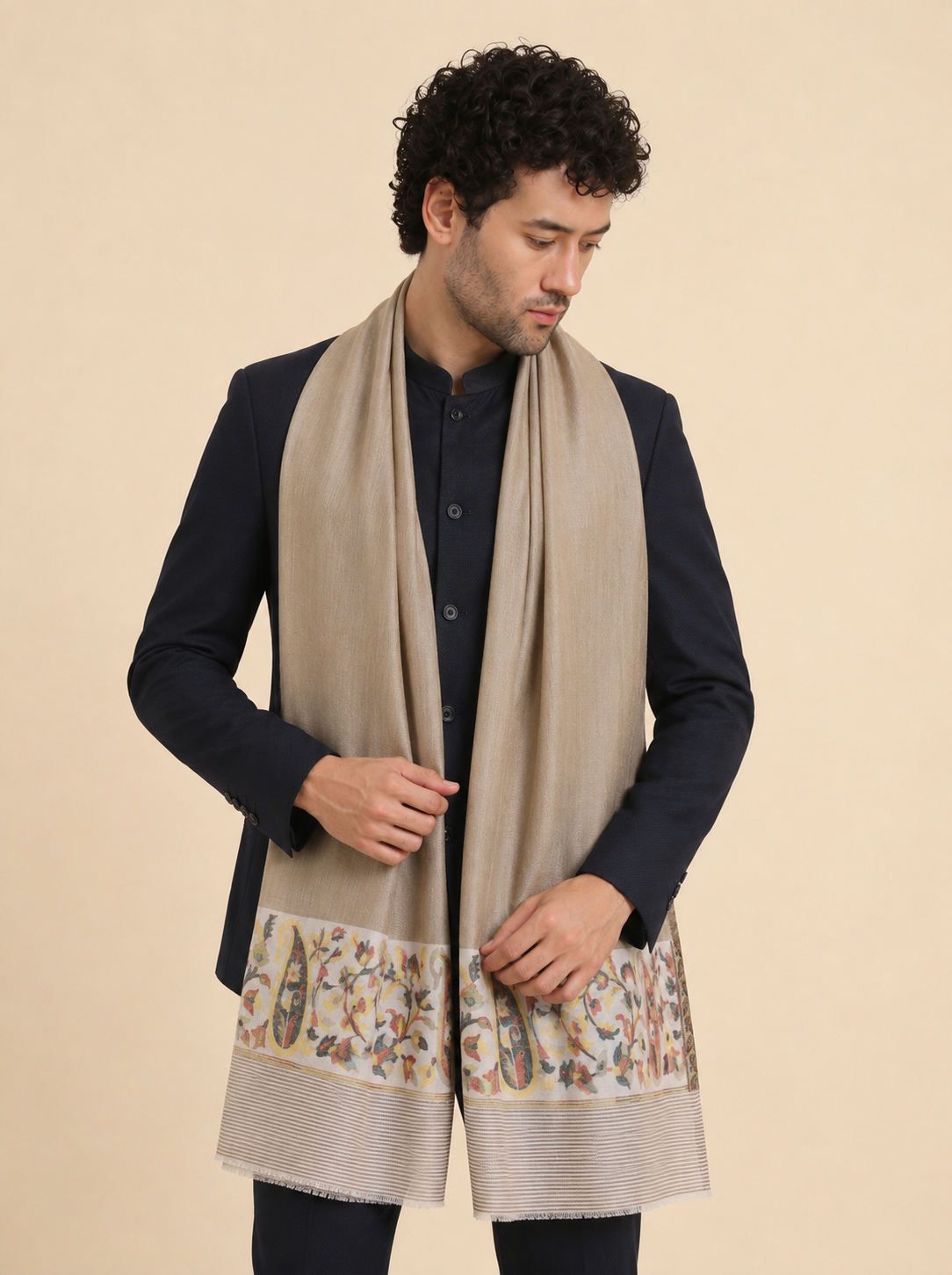 Ultra Soft Fine-Wool Kani Woven Stole for Men | Taupe - view 2
