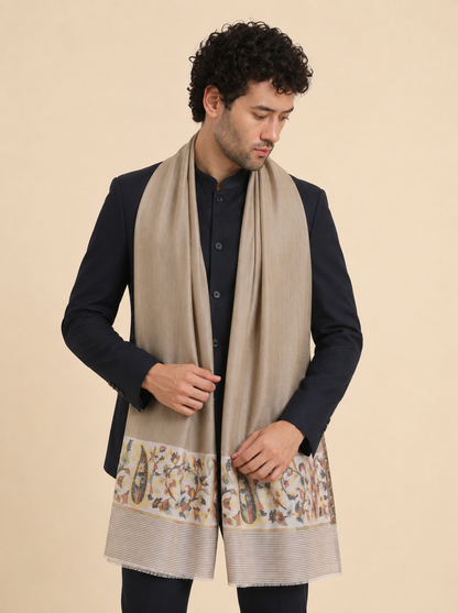 Ultra Soft Fine-Wool Kani Woven Stole for Men | Taupe - view 2