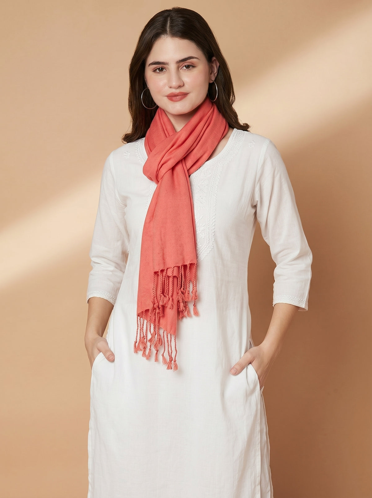 Plain Peach Woolen Stole for Women | Peach - view 3