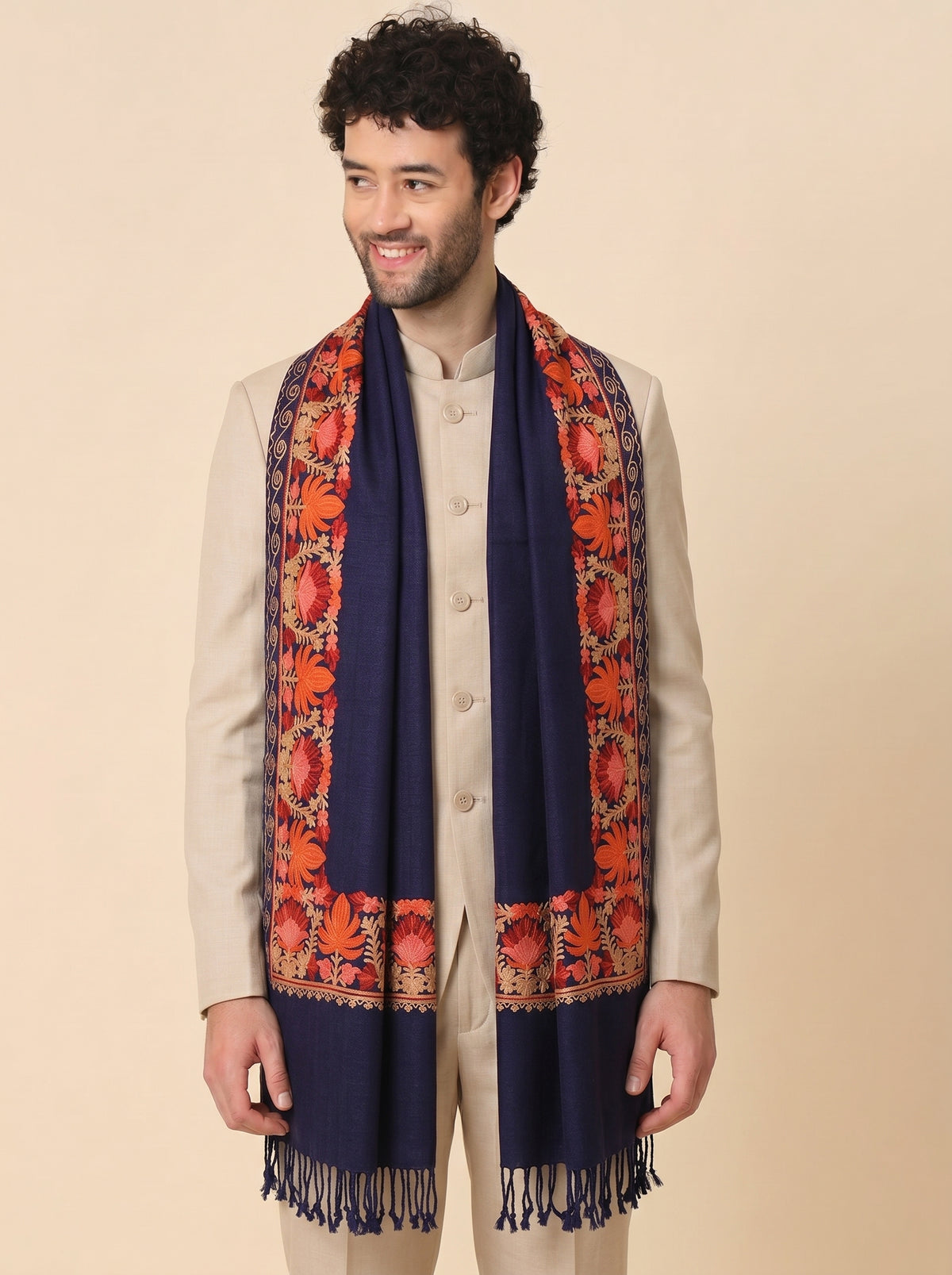 Kashmiri Aari Embroidery Woollen Stole for Men | Blue