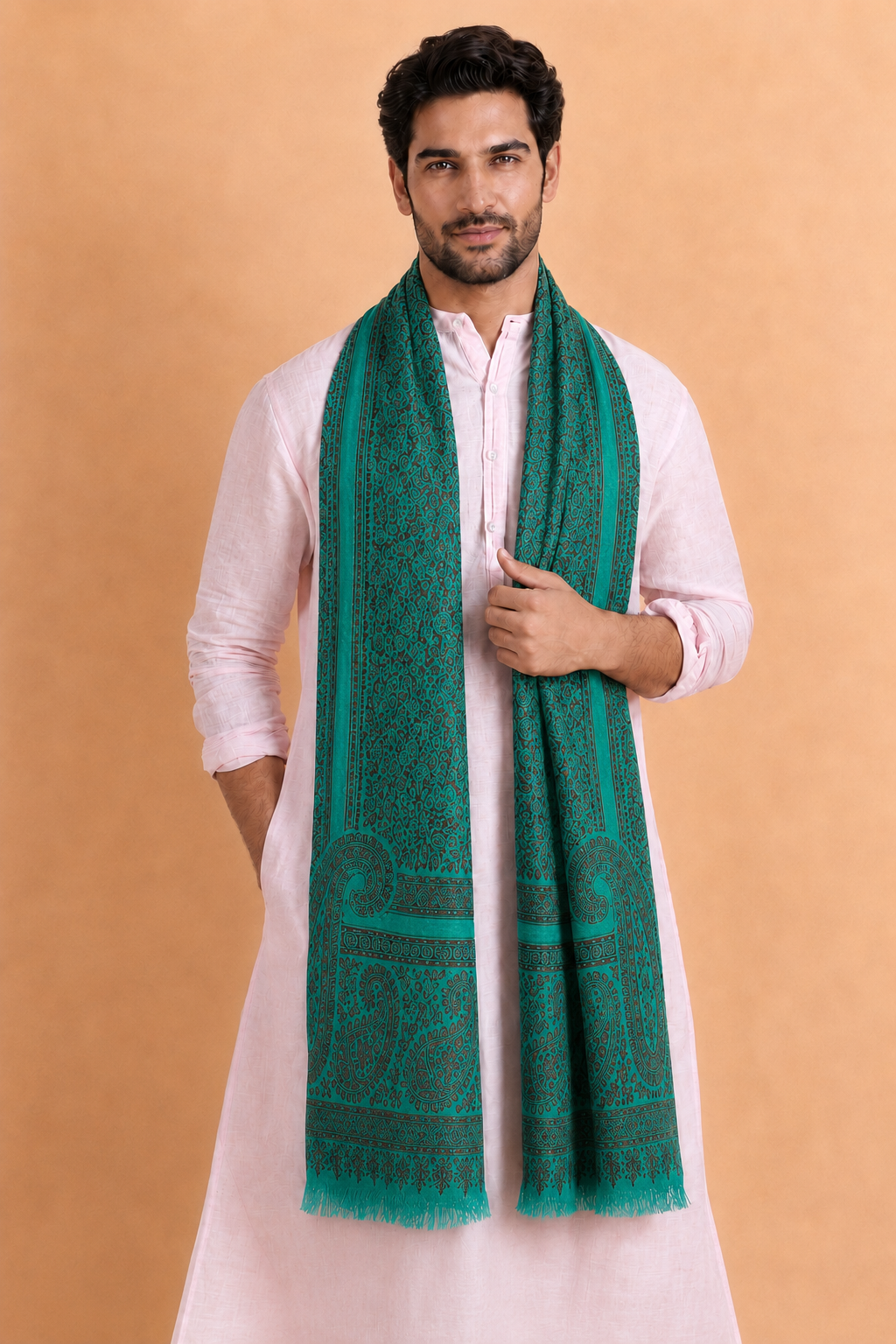 Kashmiri Kani Stole for Men in Floral Weaving | Green - view 3