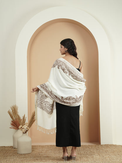 Floral Kashmiri Aari Embroidery Warm Stole with Fringed Border | White