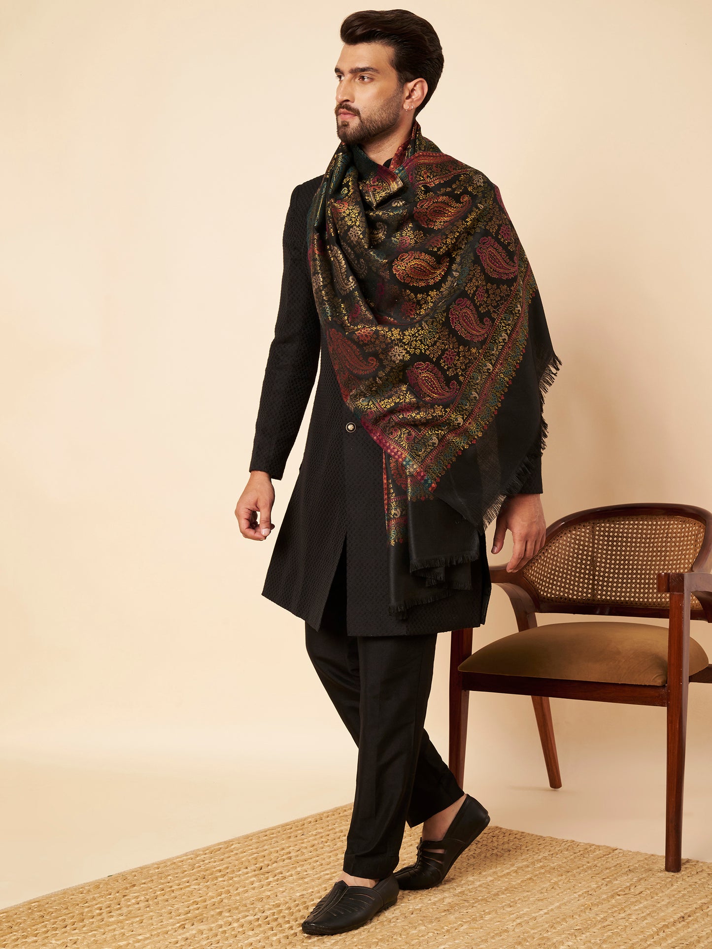 Multicolor Paisley Kani Weave with Zari Work | Black