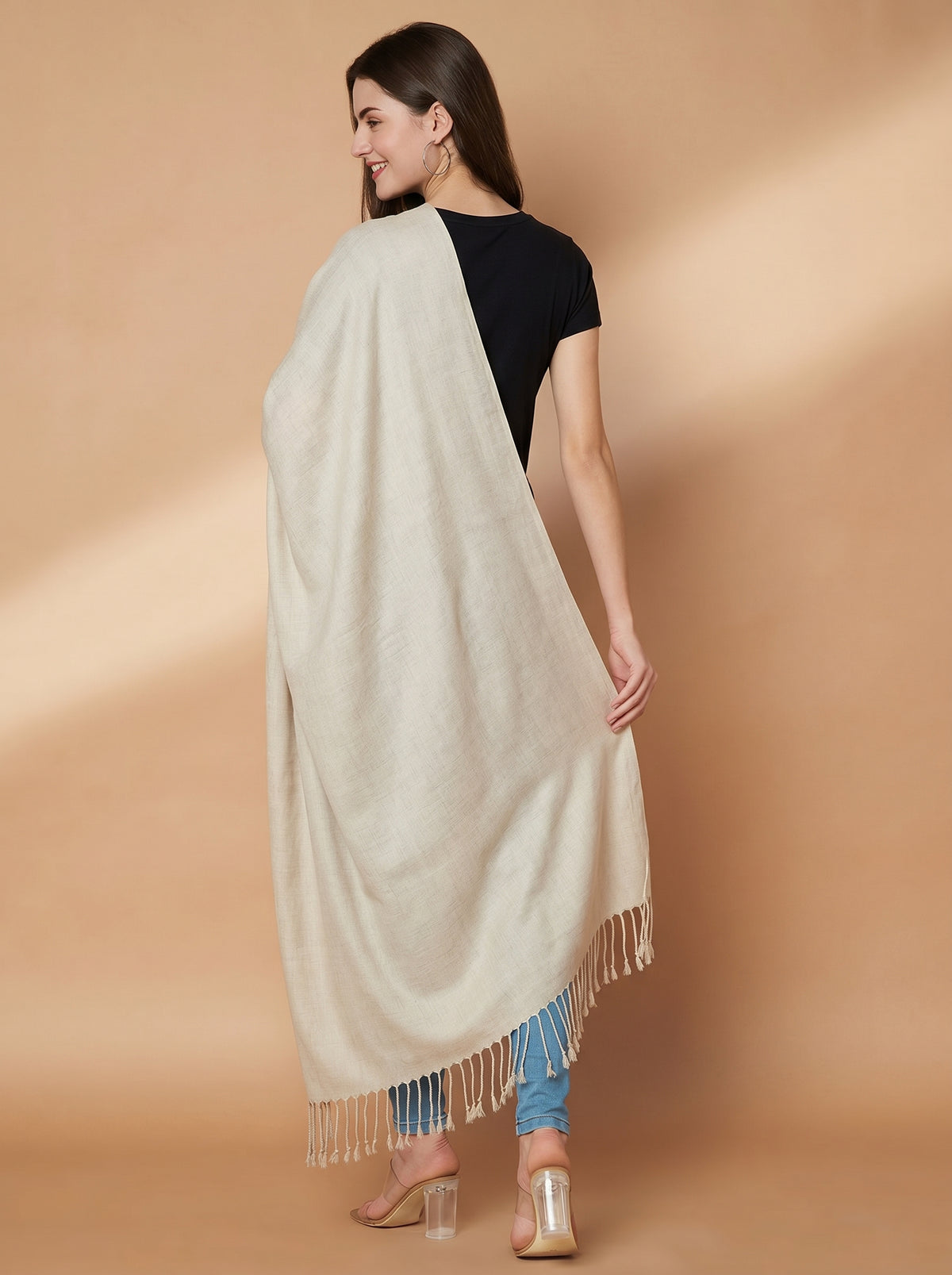 Plain Light Grey Woolen Stole for Women | Light Grey - view 3