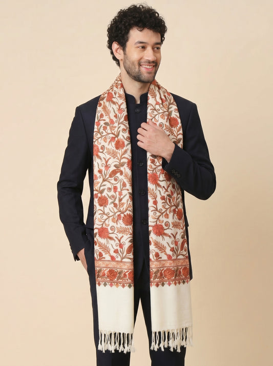Kashmiri Aari Embroidery Woollen Stole for Men | Off White