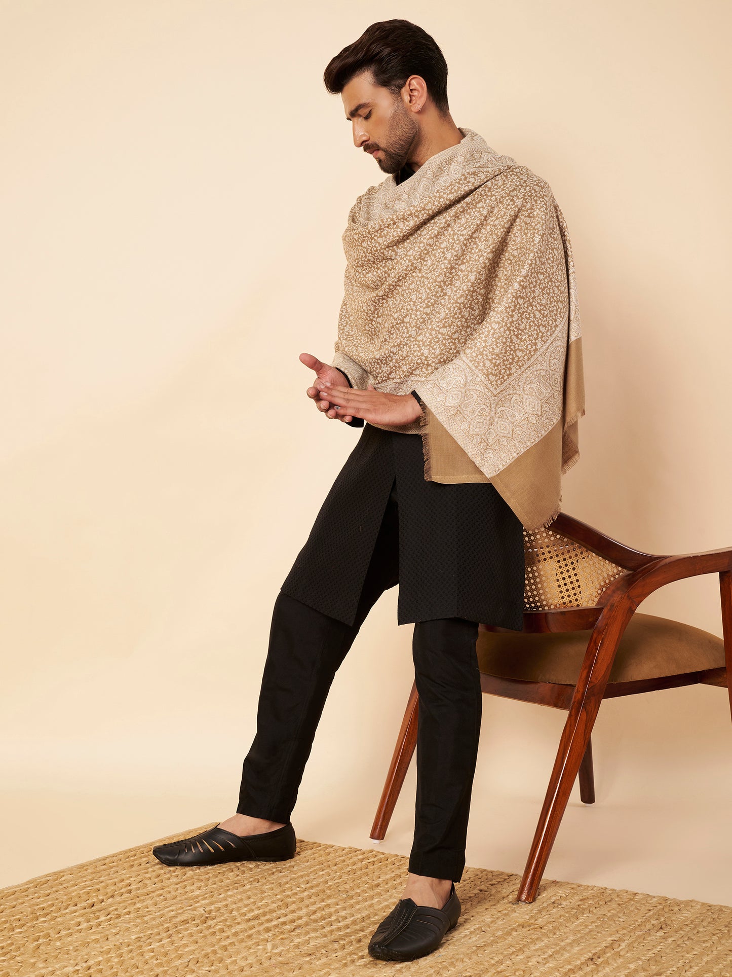 Floral All-over Kani Weave Woolen Stole with Paisley Border | Beige