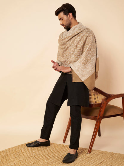 Floral All-over Kani Weave Woolen Stole with Paisley Border | Beige