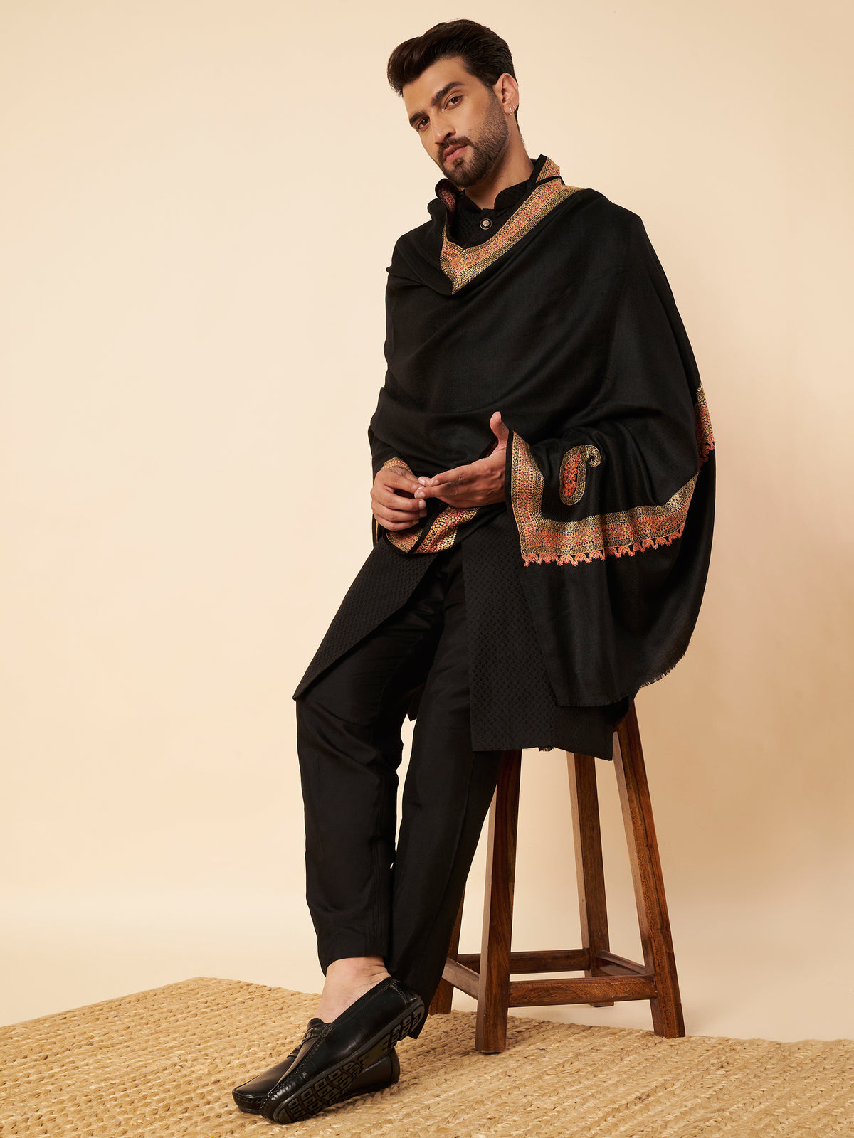 Pure Wool Shawl with Royal Kashmiri Sozni Embroidery and Zari Border - view 2