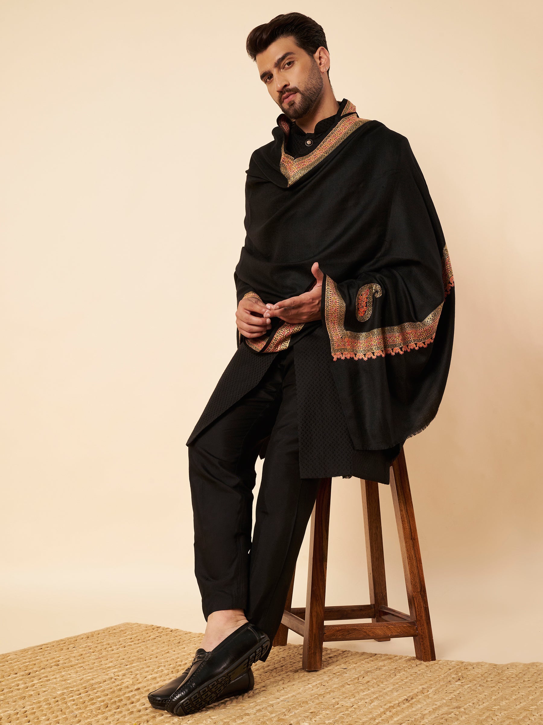 Pure Wool Shawl with Royal Kashmiri Sozni Embroidery and Zari Border - view 2