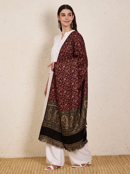 Woolen Kani Shawl with Intricate Kashmiri Paisley & Floral Woven Design (Maroon)