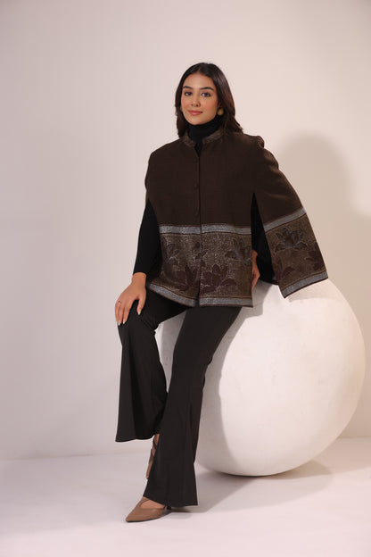 Women's Woven Cape Jacket with Zari Lotus Border | Brown