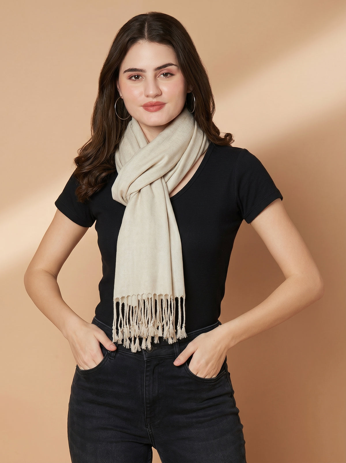 Plain Light Grey Woolen Stole for Women | Light Grey - view 4
