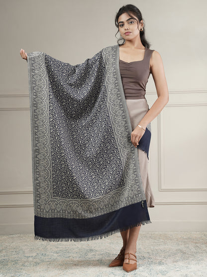 Floral All-over Kani Weave Woolen Stole with Paisley Border | Blue