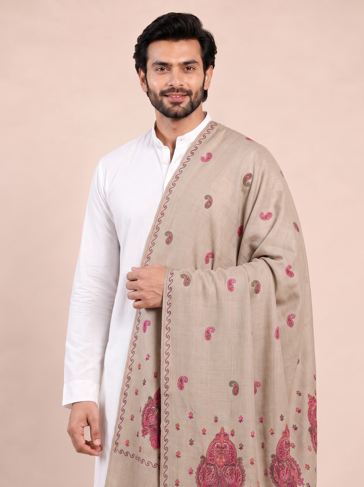 Fine Embroidery Paper Mache Kashmiri Wool Shawl for Men | Brown - view 4
