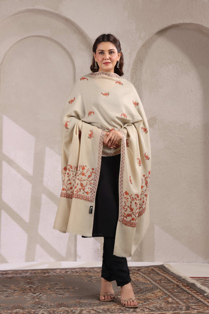 Sozni Floral Embroidery Kashmiri Shawl | Beige