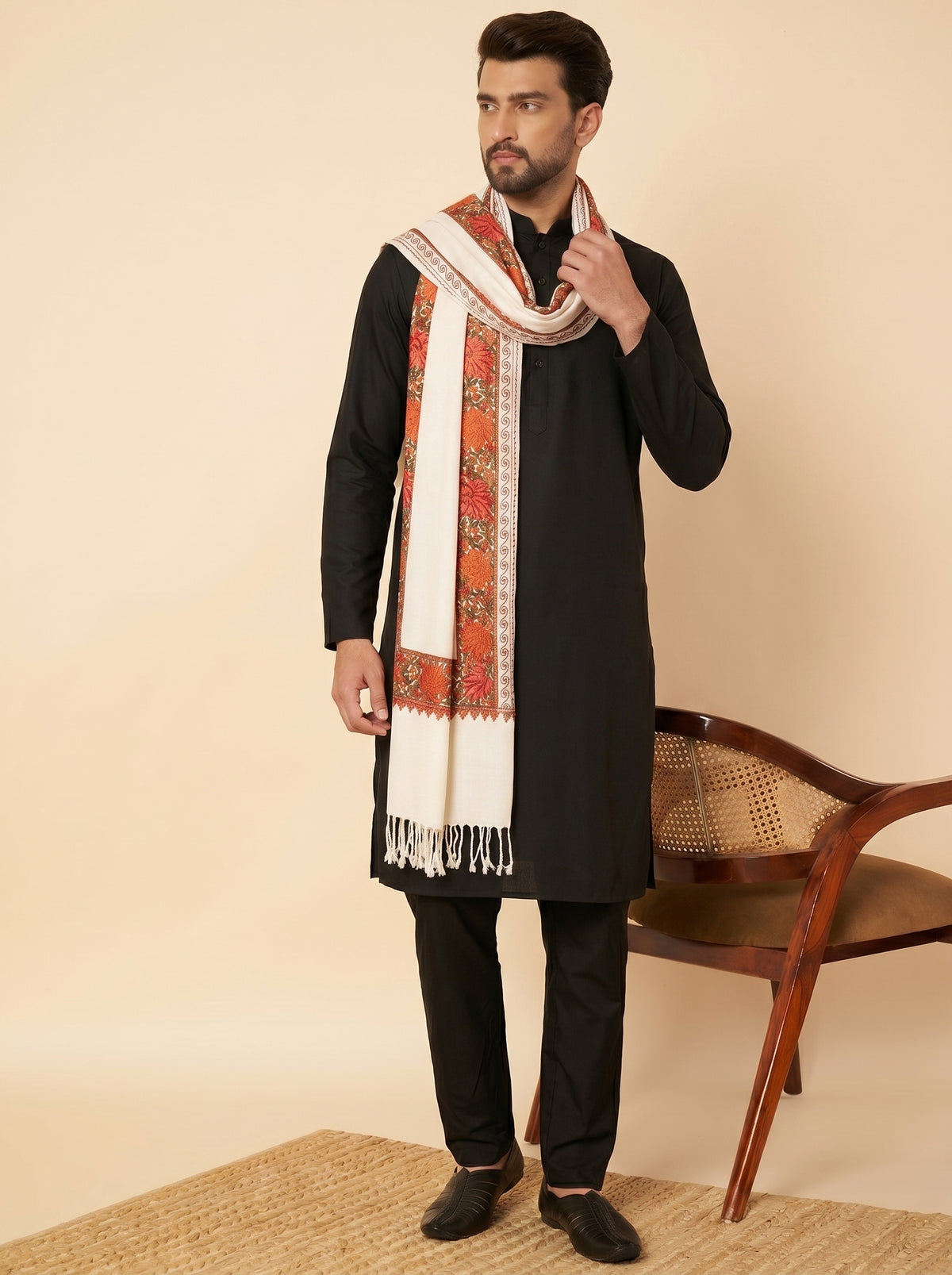 Kashmiri Aari Embroidery Woollen Stole for Men | White - view 3