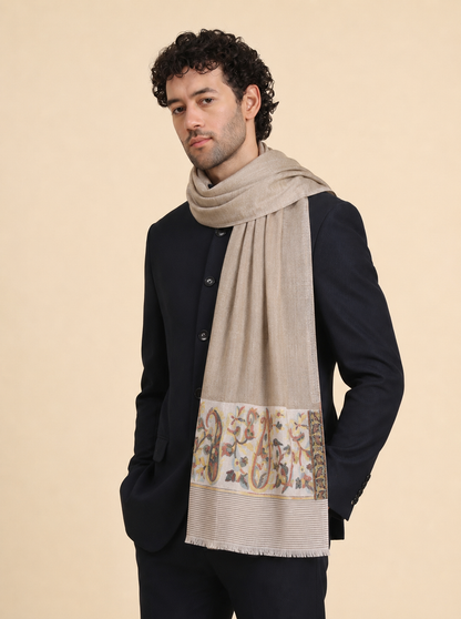 Ultra Soft Fine-Wool Kani Woven Stole for Men | Taupe - view 3