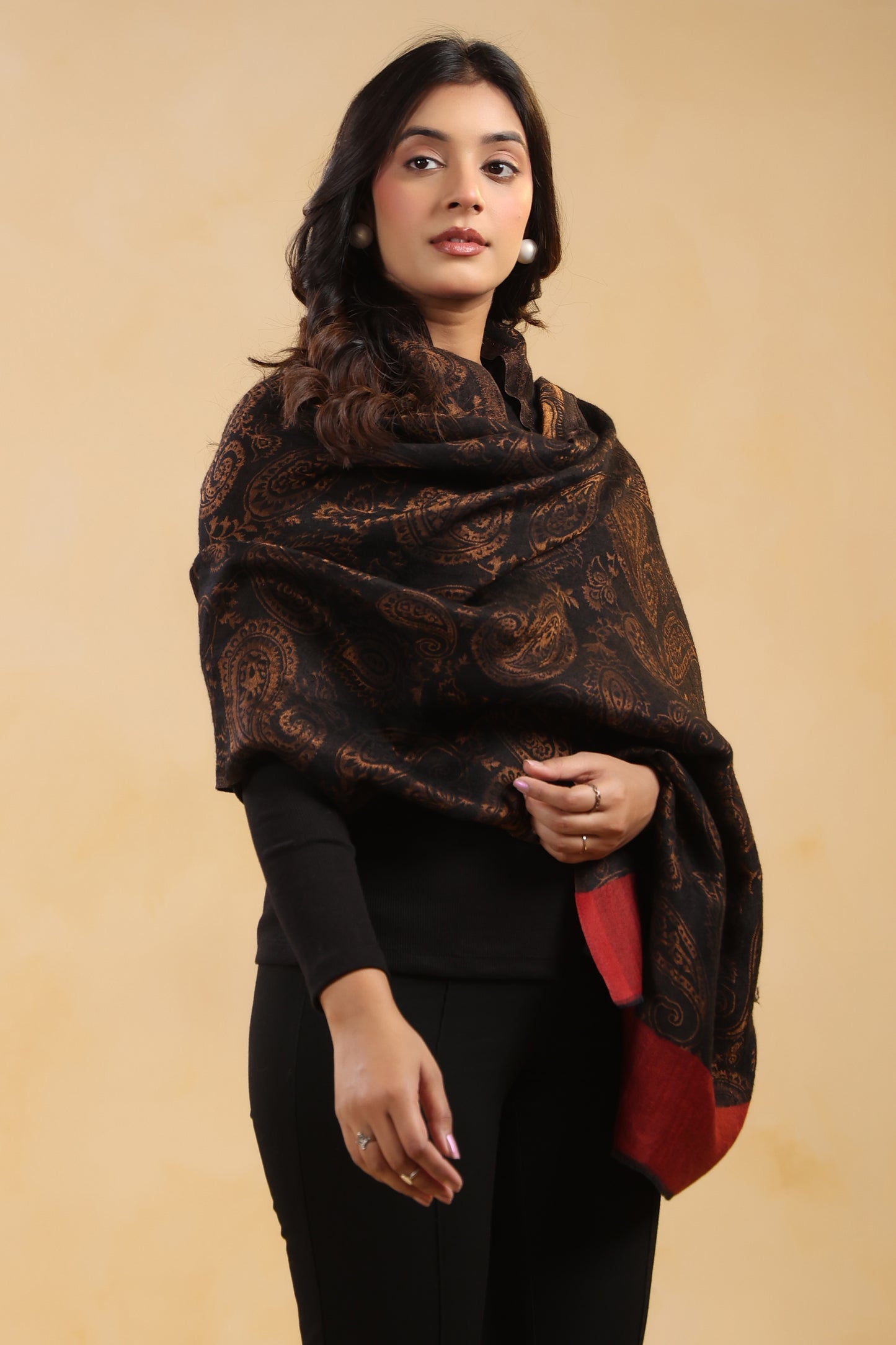 Fine Wool Black Zari Design Stole with Red Border