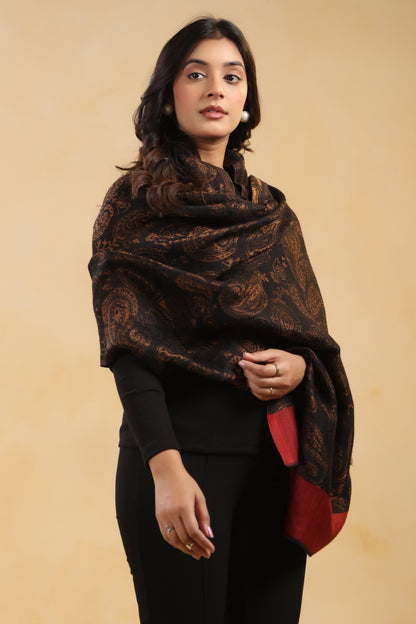 Fine Wool Black Zari Design Stole with Red Border