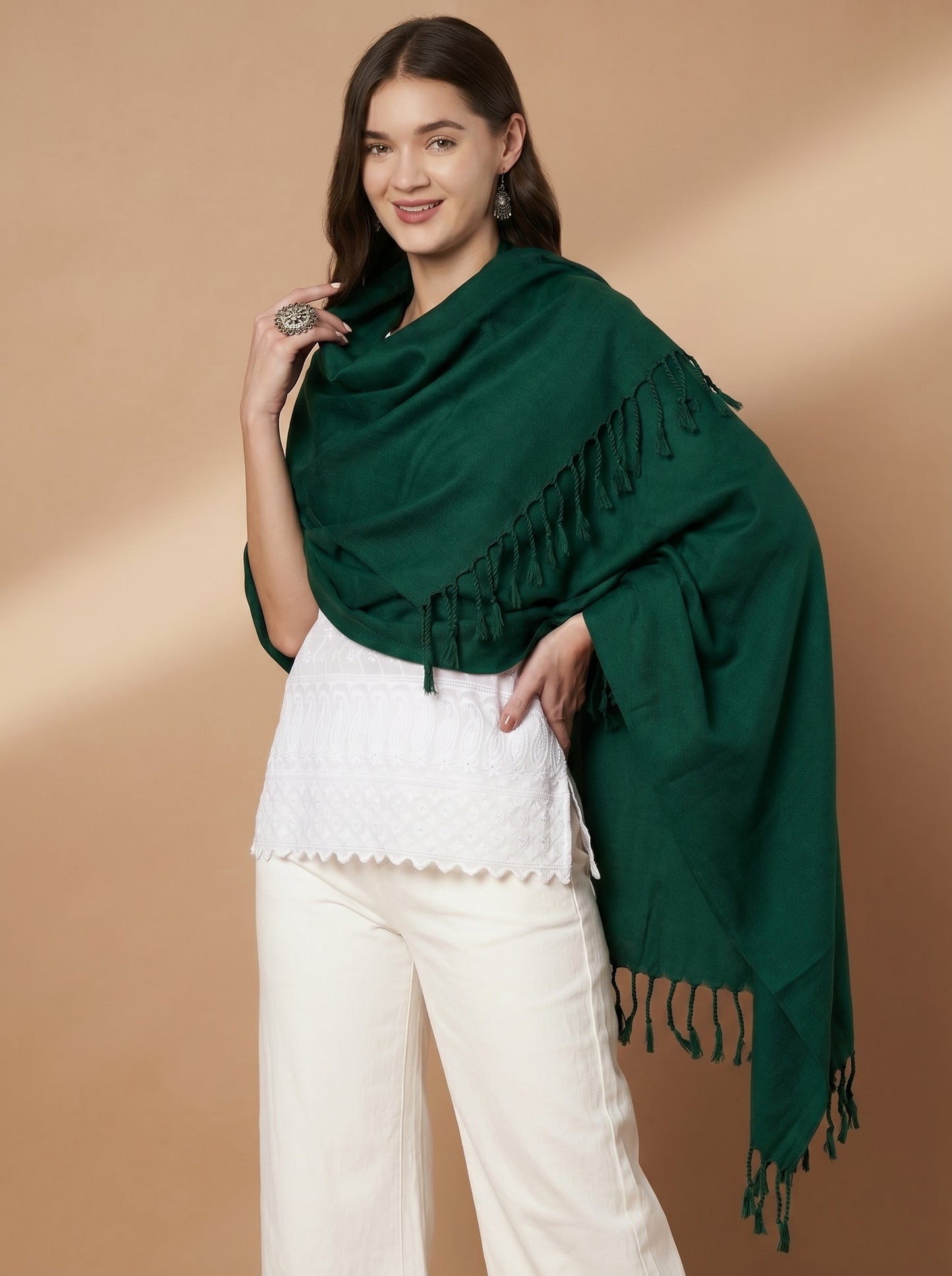 Plain Bottle Green Woolen Stole for Women | Bottle Green