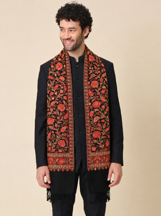 Kashmiri Aari Embroidery Woollen Stole for Men | Black