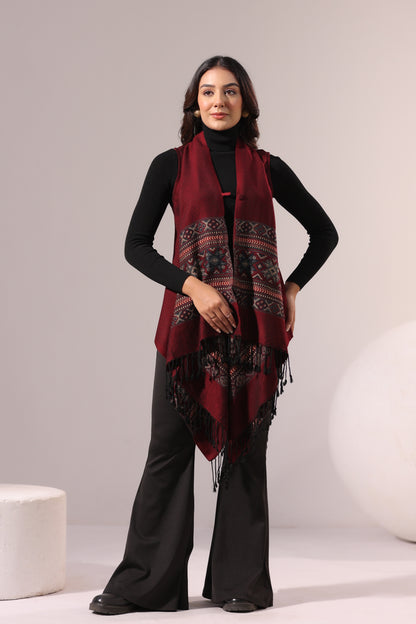 Women's Sleeveless Kullu Pattern Shrug Cardigan | Maroon
