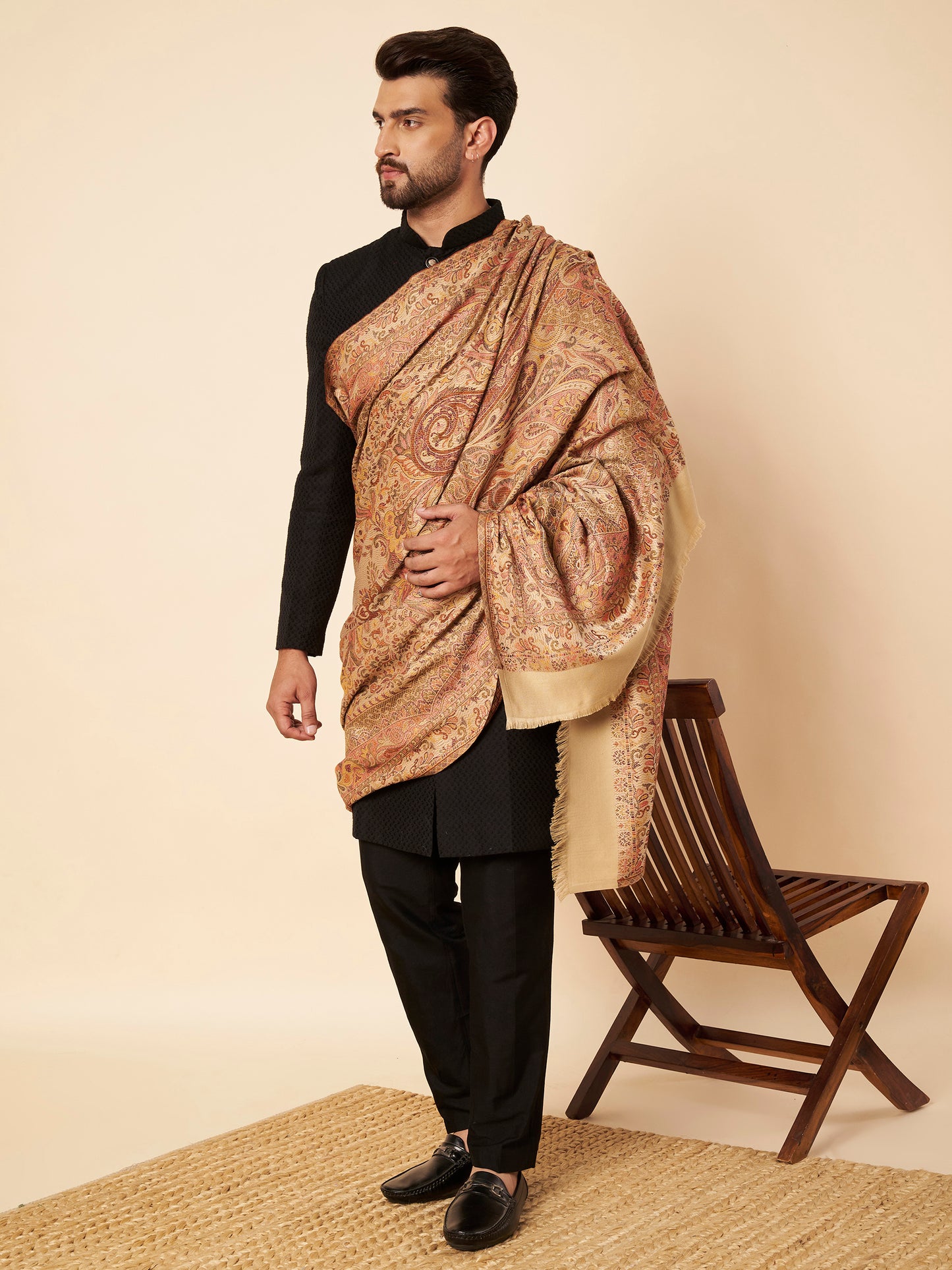 Warm Faux Pashmina Jacquard Woven Jamawar Mughal Shawl (Beige)