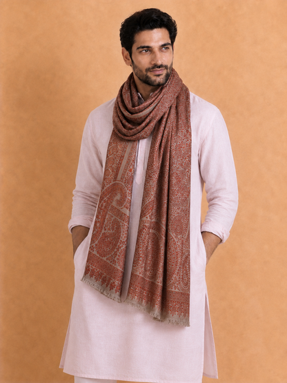 Kashmiri Kani Stole for Men in Floral Weaving | Brown - view 4