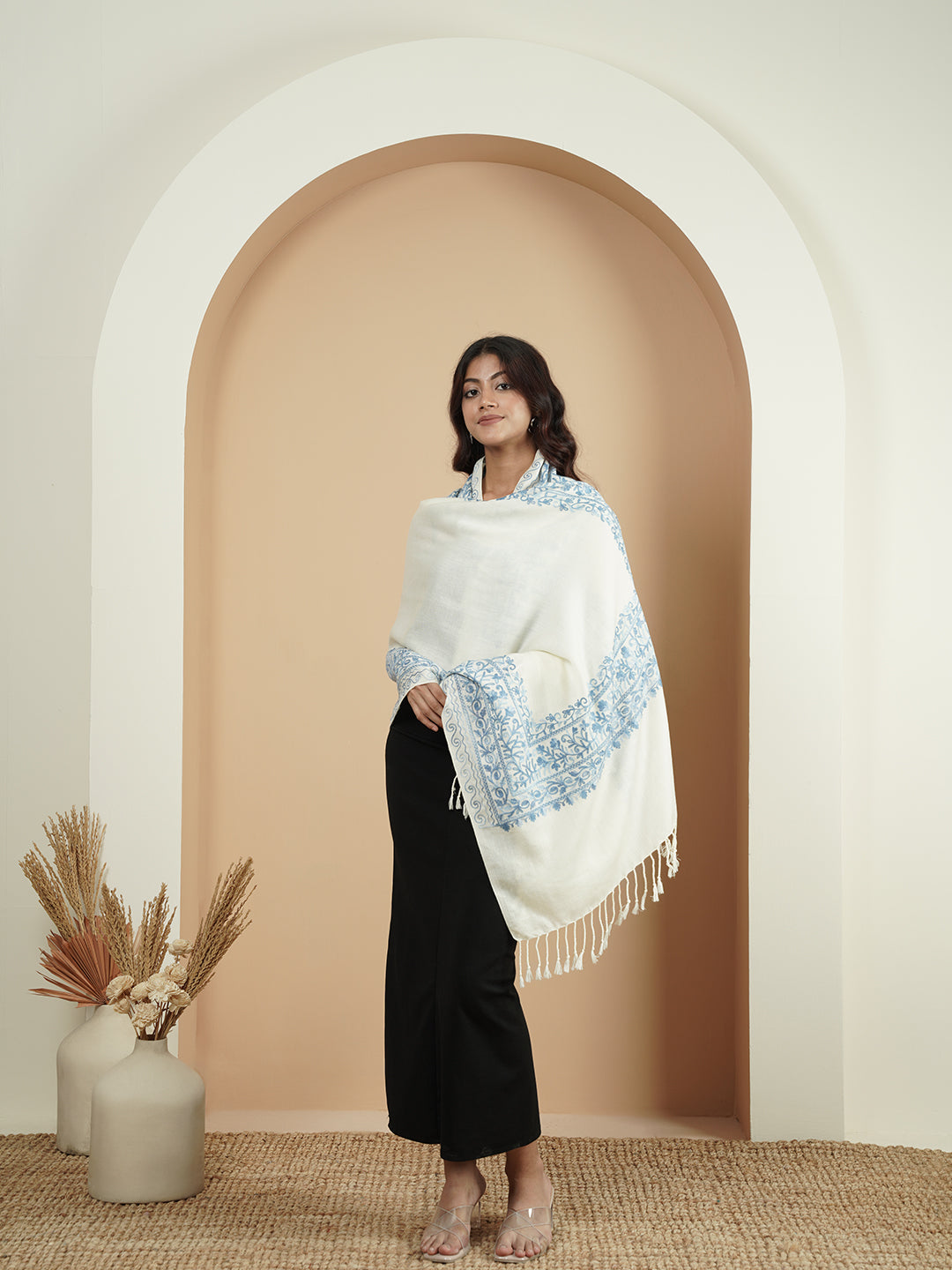 Floral Kashmiri Embroidery Warm Stole with Fringed Border | White - view 2