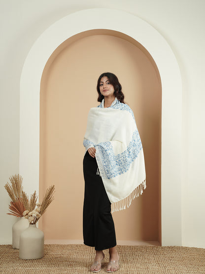 Floral Kashmiri Embroidery Warm Stole with Fringed Border | White - view 2