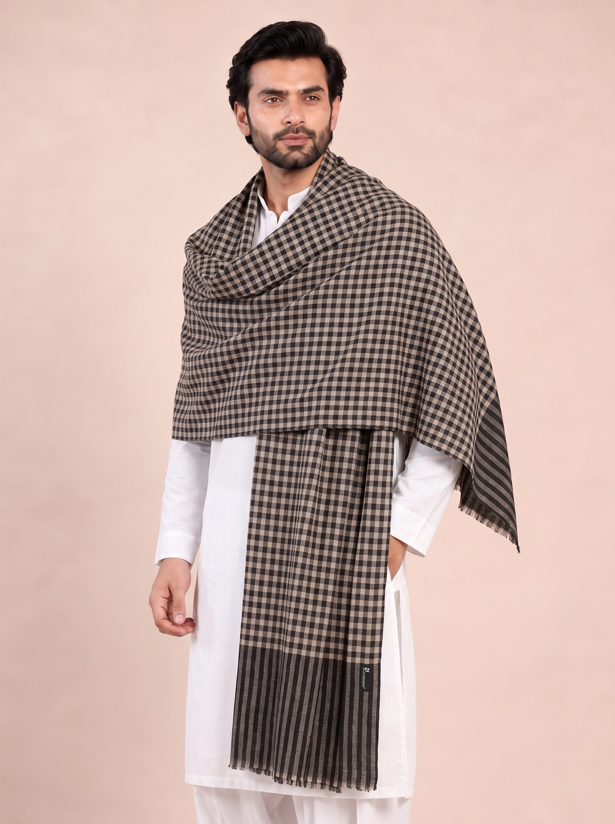 Pure Wool Woven Checks Soft Touch Stole for Men | Black