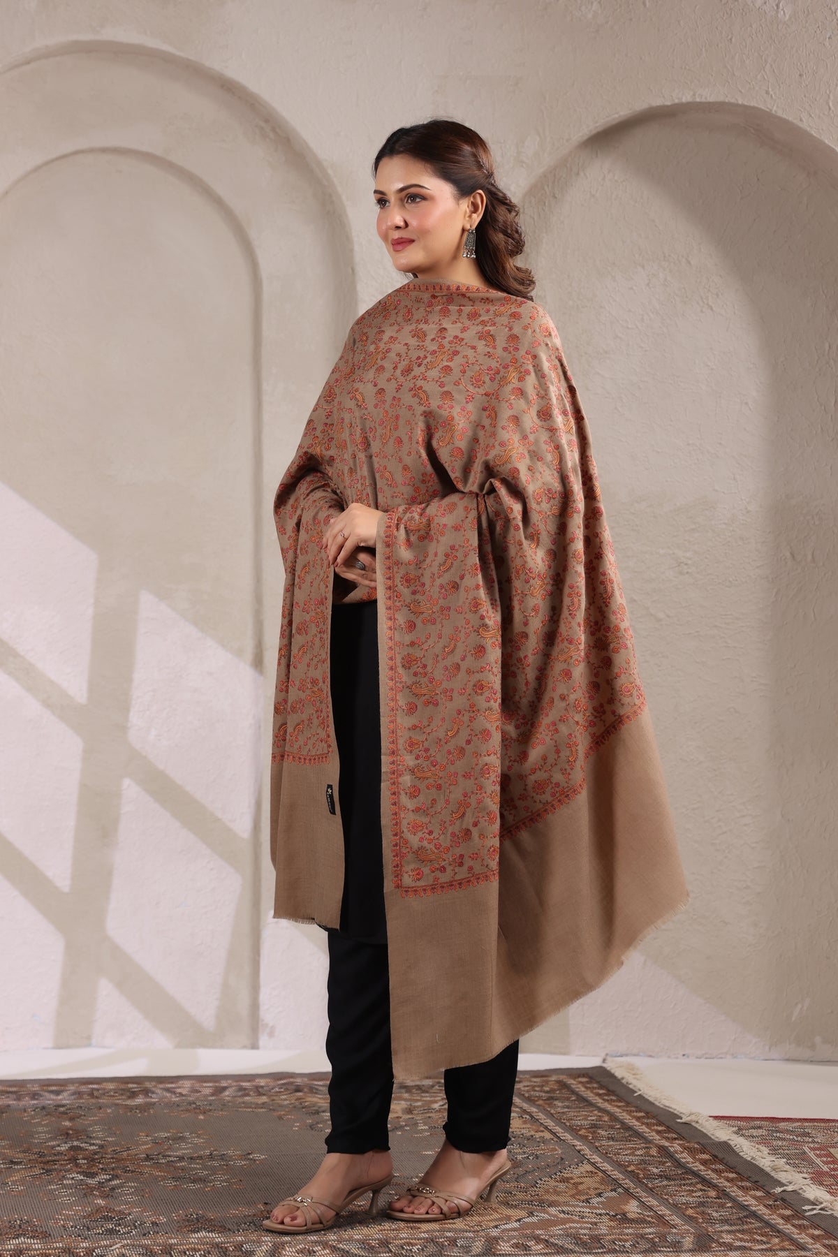 Pure Wool Shawl with All-over Multicolour Royal Paisley Sozni Embroidery - view 5