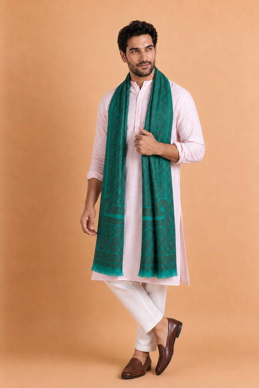 Kashmiri Kani Stole for Men in Floral Weaving | Green