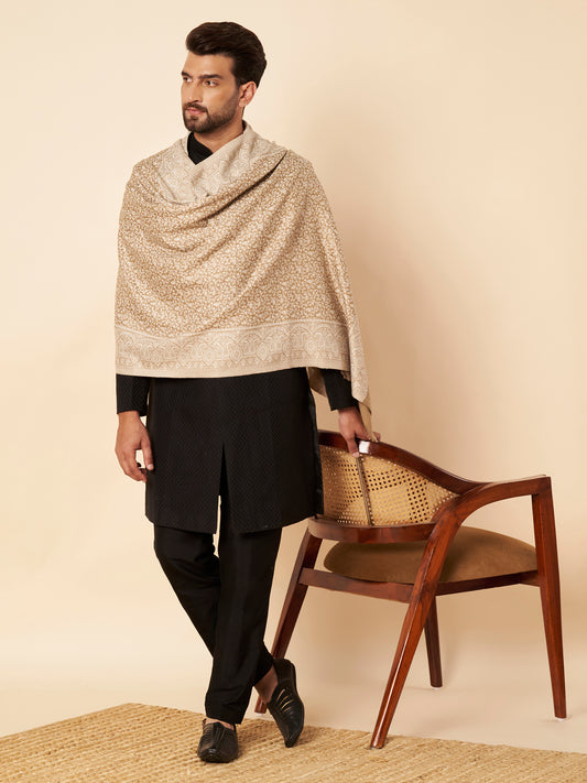 Floral All-over Kani Weave Woolen Stole with Paisley Border | Beige