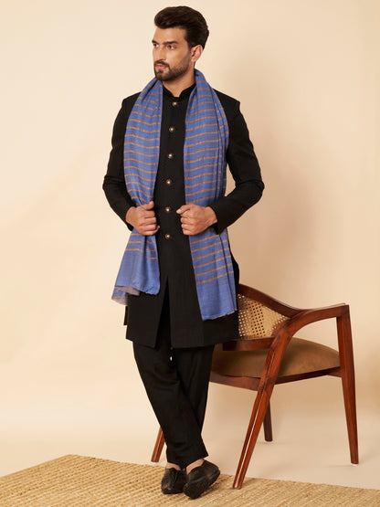 Fine Wool Horizontal Zari Stripes Stole | Blue