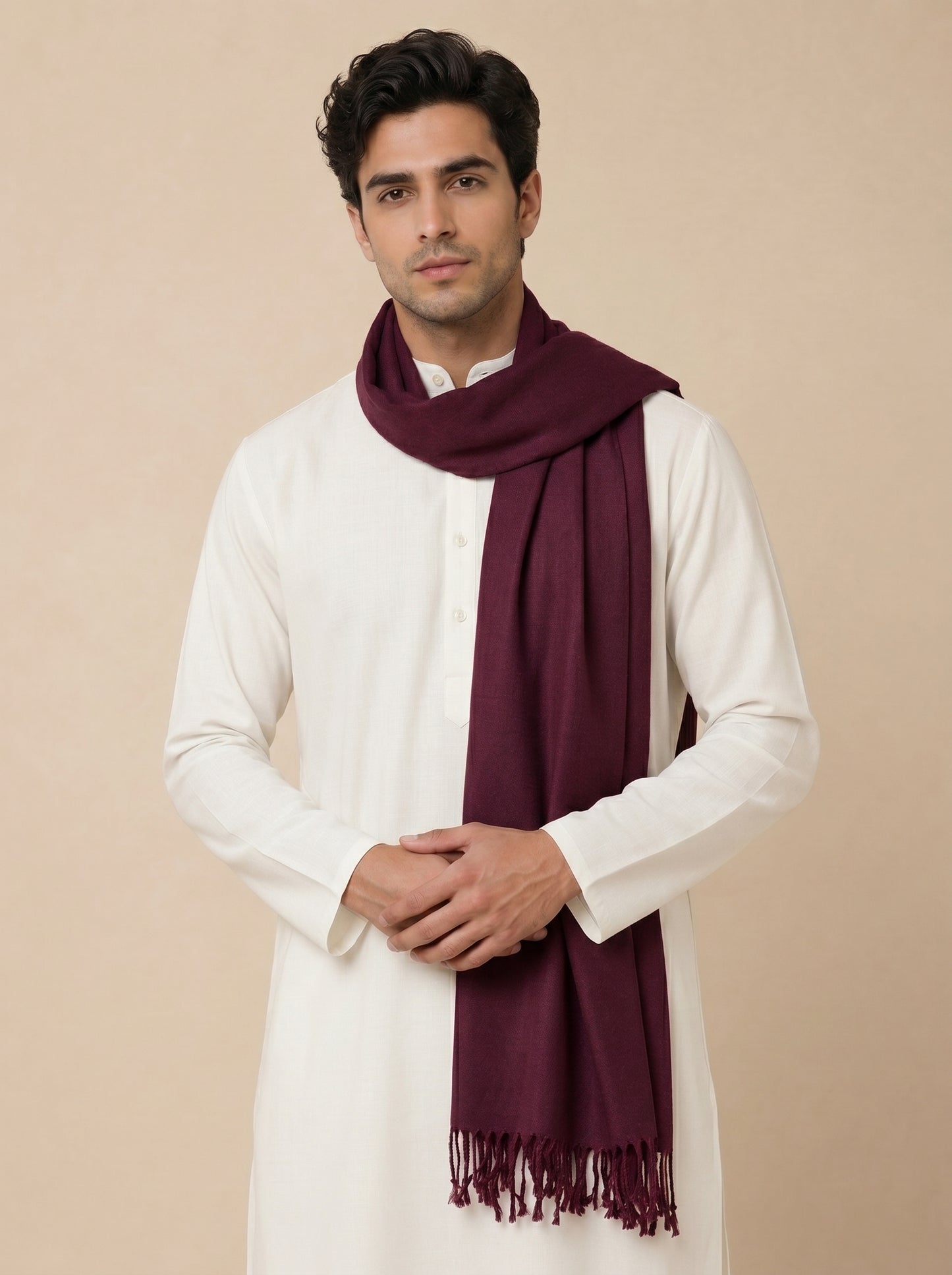 Men Lightweight Solid Color Warm Stole | Wine - view 2