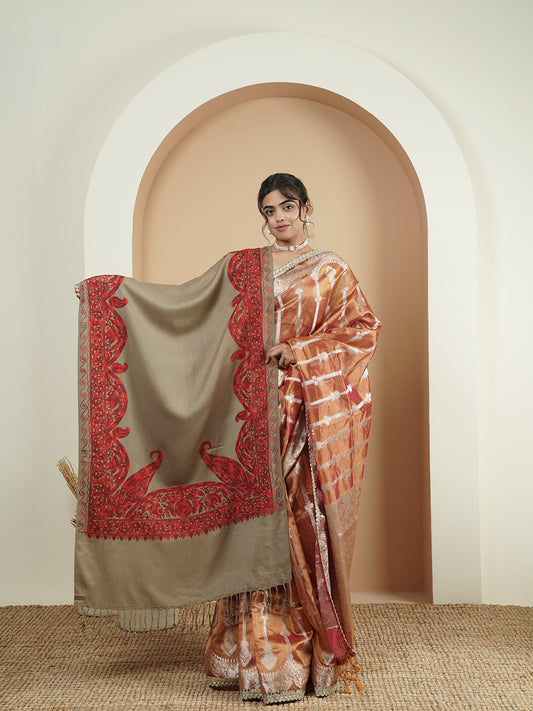 Floral Kashmiri Aari Embroidery Warm Stole with Fringed Border | Brown