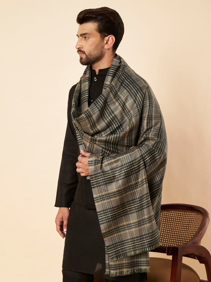 Men's Woollen Lohi Shawl | Grey Stripe Check