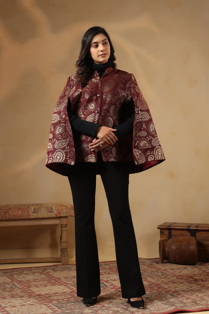 Women's Designer Zari Weave Paisley Cape Jacket | Wine