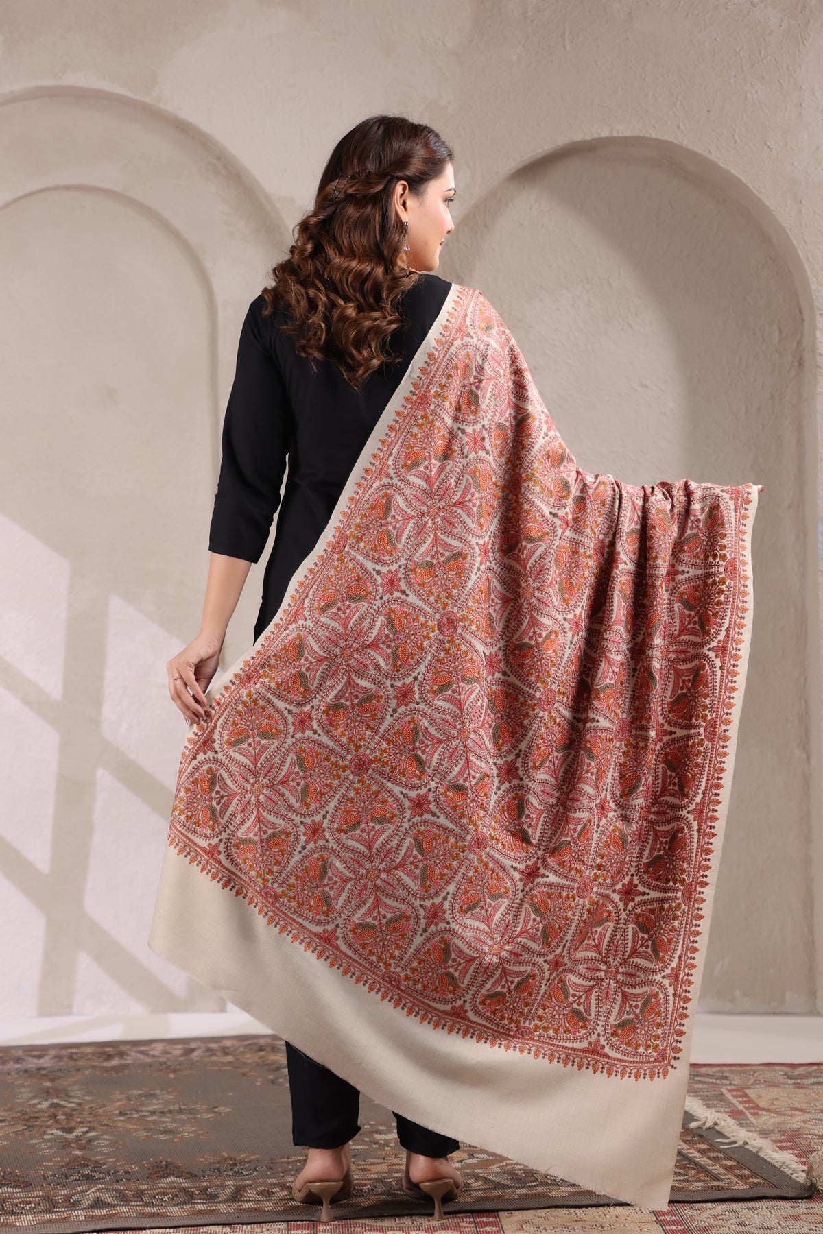 Pure Wool Shawl with All-over Floral Multicolour Sozni Embroidery - view 3