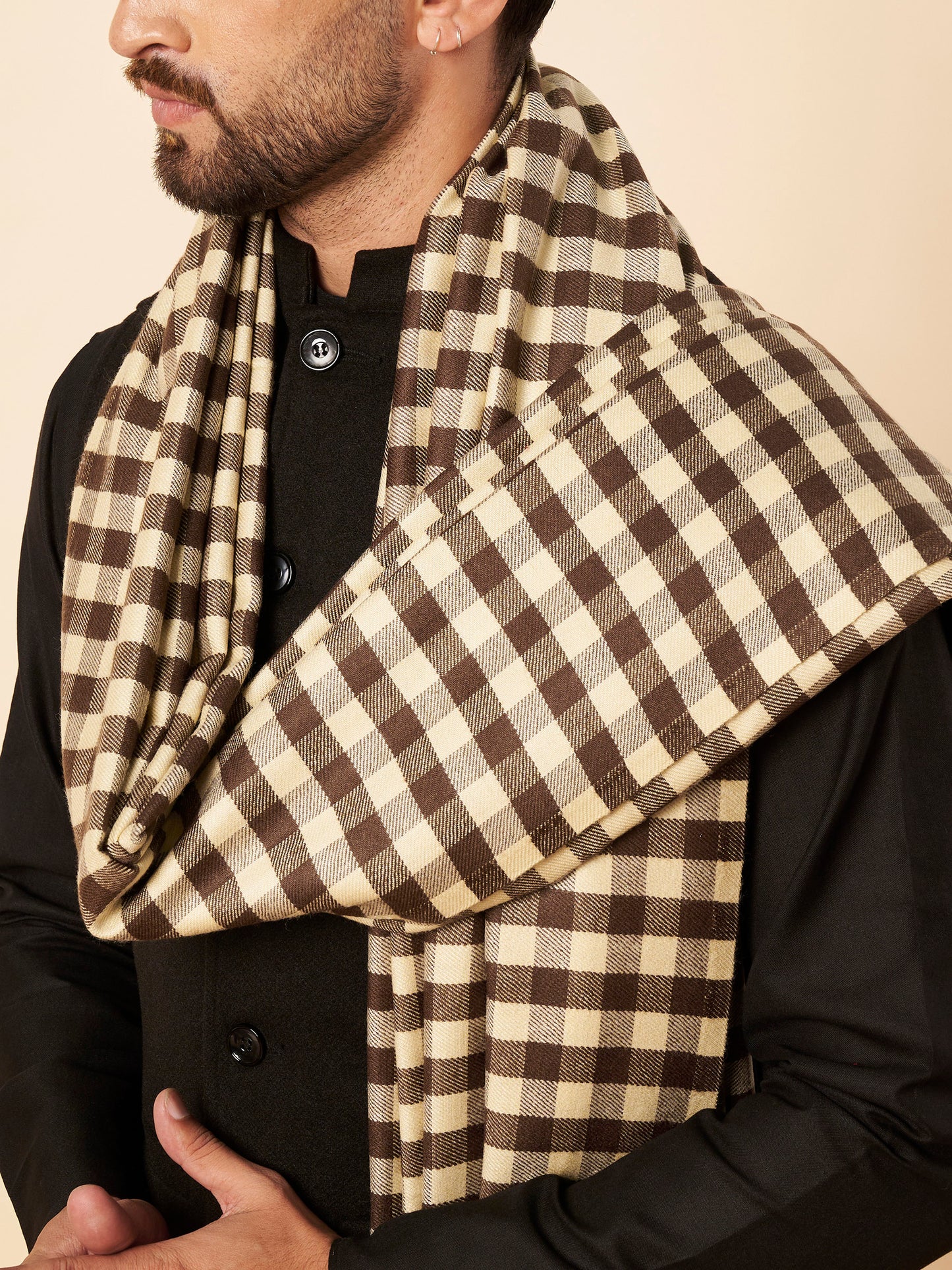 Men's Woollen Lohi Shawl | Brown White Check