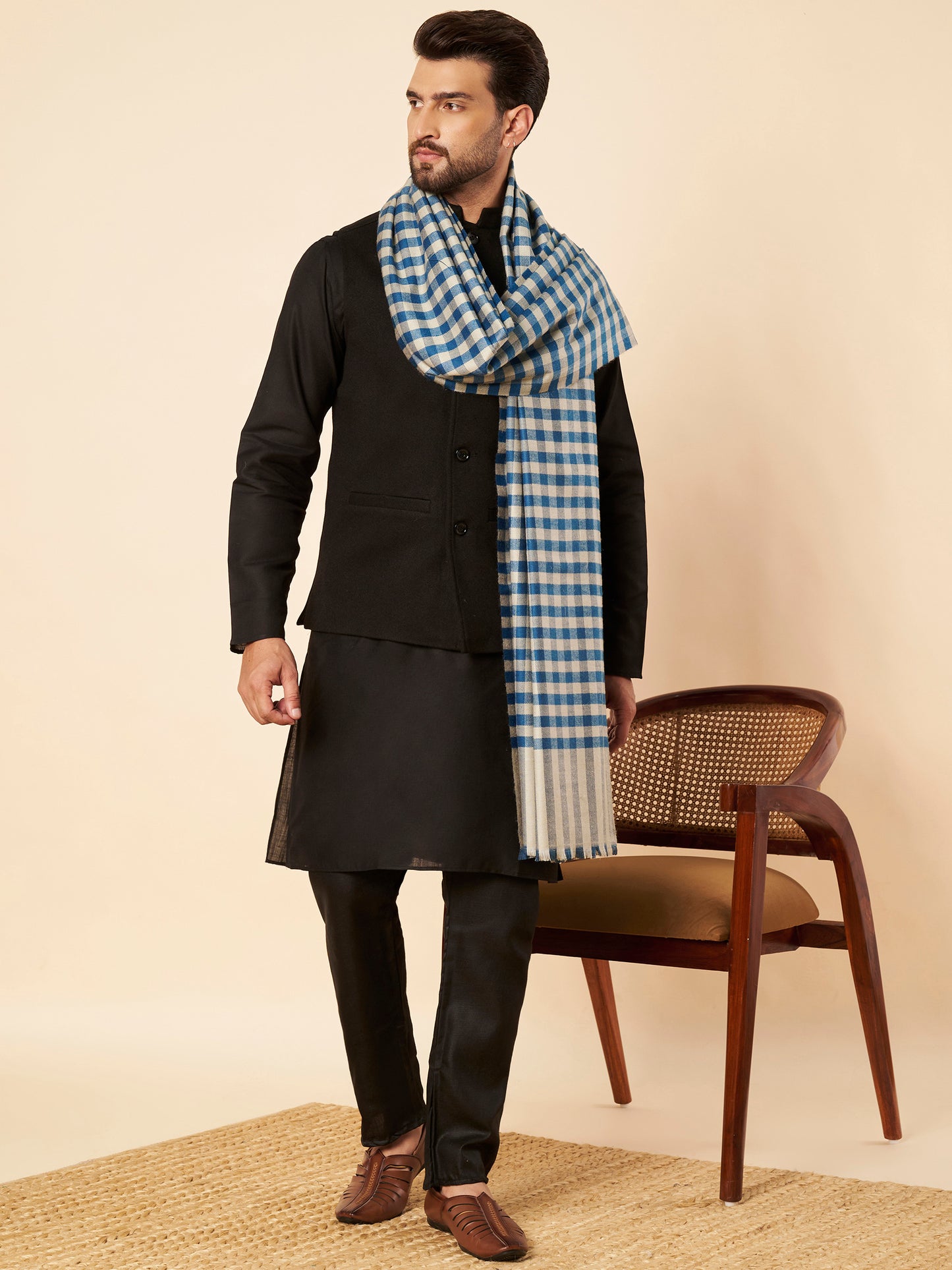 Men's Woollen Lohi Shawl | Blue Grey Check